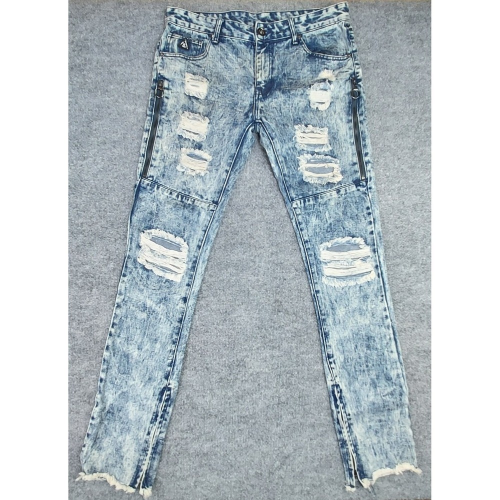 DNM Collection Men's Sz‎ 34 Distressed Acid Bleached Painted Jeans Blue Y2K EUC